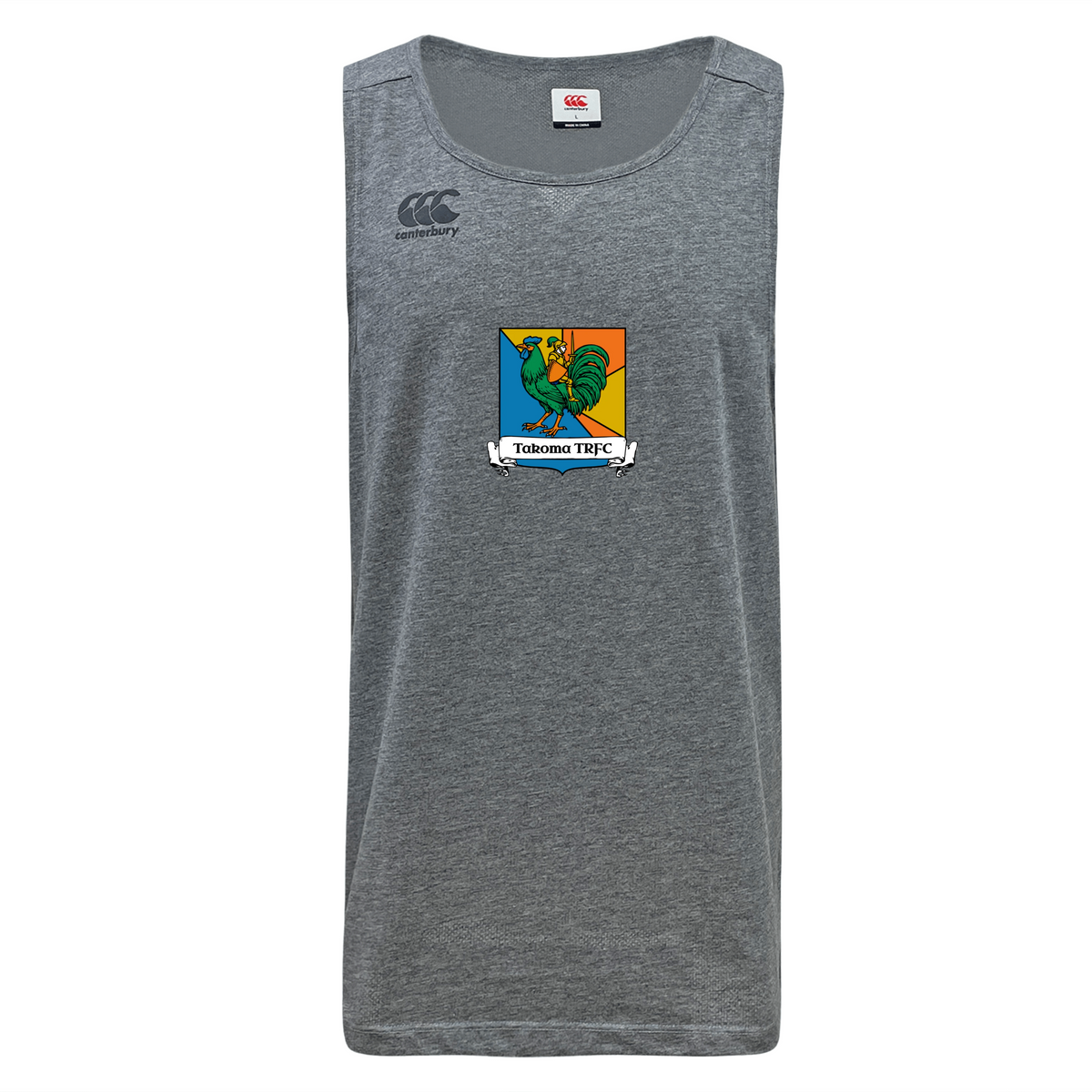 Grey Takoma Touch Rugby Tempo Vapodri Singlet by Canterbury featuring a rooster emblem with the text “Takoma TRFC” on the chest.