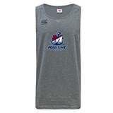 Grey SUNY Maritime Men’s Rugby Tempo Vapodri Singlet by Canterbury featuring a Maritime Rugby logo on the chest.