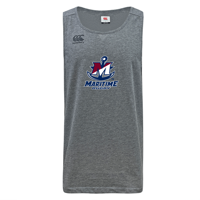 Grey SUNY Maritime Men’s Rugby Tempo Vapodri Singlet by Canterbury featuring a Maritime Rugby logo on the chest.