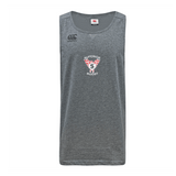 The Superior Rugby Club Tempo Vapodri Singlet by WRS Canterbury is a gray sleeveless shirt with the Canterbury logo and "Superior Rugby" emblem, made from recycled polyester and VapoDri tech to keep you cool and dry.