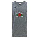 Introducing the Santa Rosa Youth Rugby Tempo Vapodri Singlet by Canterbury—a gray athletic tank top made from recycled polyester and featuring the bold “Santa Rosa Youth Rugby” logo alongside a vibrant red rose graphic on the chest. Crafted as a CCC Tempo Singlet, it incorporates Canterbury’s signature VapoDri technology for advanced moisture management and is finished with the iconic Canterbury logo on the right shoulder. Brand: WRS Canterbury.
