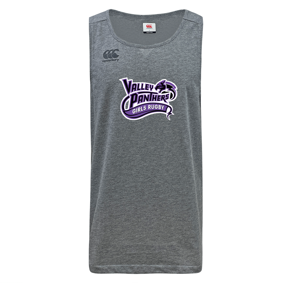 The Valley Panthers Girls Rugby Tempo Vapodri Singlet by WRS Canterbury is a gray sleeveless athletic shirt made from recycled polyester, featuring “Valley Panthers Girls Rugby” and a panther logo in purple and white on the front.