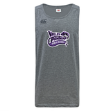 The Valley Panthers Girls Rugby Tempo Vapodri Singlet by WRS Canterbury is a gray sleeveless athletic shirt made from recycled polyester, featuring “Valley Panthers Girls Rugby” and a panther logo in purple and white on the front.