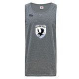 South Orange County Raptors Tempo Vapodri Singlet by WRS Canterbury: a gray sleeveless rugby jersey made from recycled polyester, featuring advanced moisture-wicking VapoDri technology with the Canterbury logo and “South Orange County Raptors Rugby” crest—complete with an eagle and rugby ball—on the front.