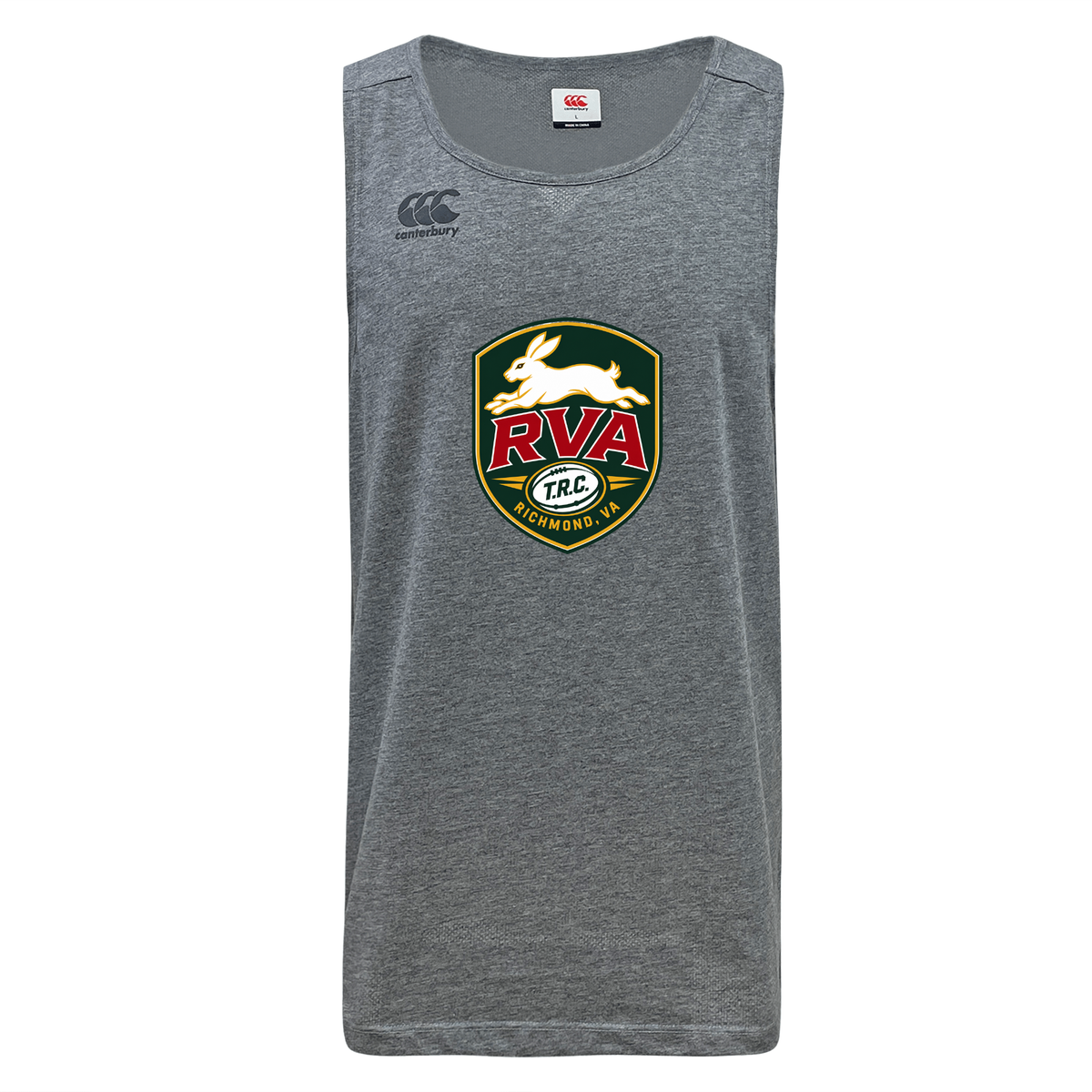 Introducing the RVA T.R.C. Tempo Vapodri Singlet by WRS Canterbury—a gray sleeveless athletic shirt made from recycled polyester, featuring a rugby-inspired “RVA TRC Richmond, VA” logo and a white rabbit on the front. Crafted with innovative VapoDri technology, this singlet offers superior moisture-wicking to keep you cool and comfortable through even your toughest workouts.