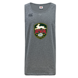 Introducing the RVA T.R.C. Tempo Vapodri Singlet by WRS Canterbury—a gray sleeveless athletic shirt made from recycled polyester, featuring a rugby-inspired “RVA TRC Richmond, VA” logo and a white rabbit on the front. Crafted with innovative VapoDri technology, this singlet offers superior moisture-wicking to keep you cool and comfortable through even your toughest workouts.
