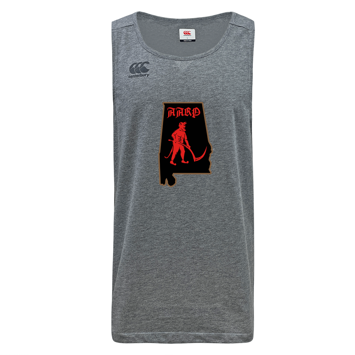 A grey Aging Alabama Rugby Players Tempo Vapodri Singlet by Canterbury featuring an Alabama state silhouette with a graphic of the devil holding a scythe and the text “AARP”.