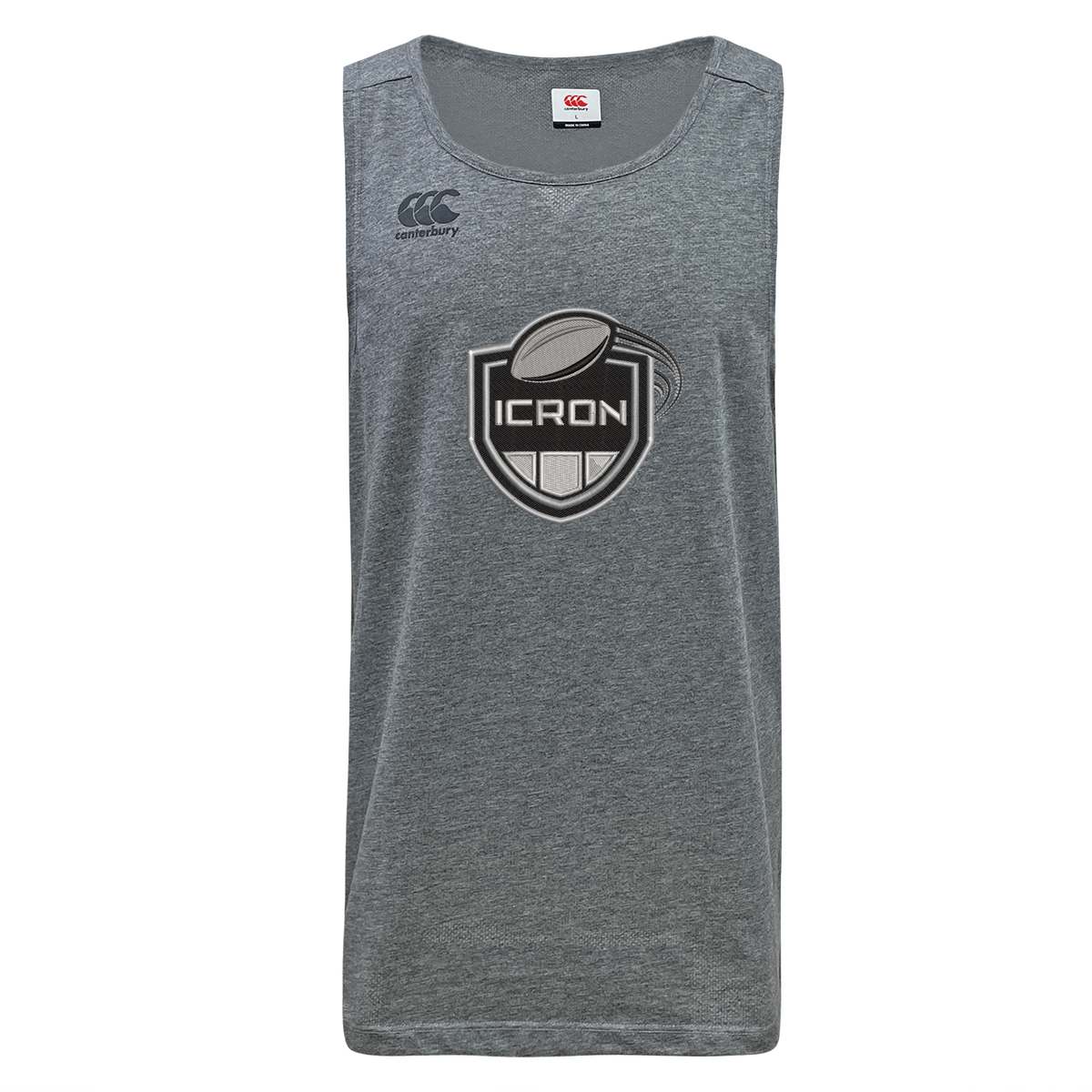 Grey moisture-wicking VapoDri ICRON Tempo Vapodri Singlet by Canterbury featuring a chest shield logo with “ICRON” text and a rugby ball illustration.