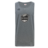 Grey moisture-wicking VapoDri ICRON Tempo Vapodri Singlet by Canterbury featuring a chest shield logo with “ICRON” text and a rugby ball illustration.