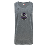 The Cypress Warriors Men's Rugby Tempo Vapodri Singlet by WRS Canterbury is a gray sleeveless athletic shirt with the team logo, warrior graphic, and Canterbury branding, made from moisture-wicking recycled polyester.