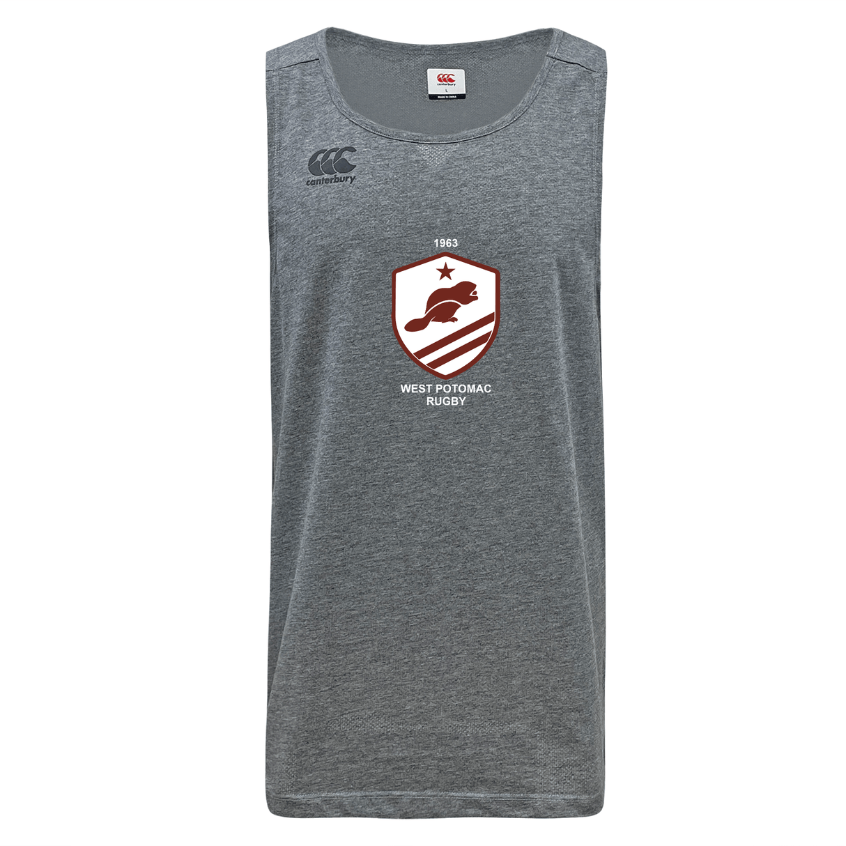 The West Potomac RFC Tempo Vapodri Singlet by WRS Canterbury is a gray sleeveless top with the "West Potomac Rugby" logo, squirrel graphic on the front, and Canterbury logo on the left shoulder. Made from recycled polyester.