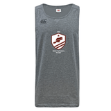 The West Potomac RFC Tempo Vapodri Singlet by WRS Canterbury is a gray sleeveless top with the "West Potomac Rugby" logo, squirrel graphic on the front, and Canterbury logo on the left shoulder. Made from recycled polyester.