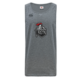 The Birmingham Iron Women's Football Tempo Vapodri Singlet by WRS Canterbury is a gray, sleeveless athletic top with the team logo on the front, crafted from eco-friendly recycled polyester for moisture-wicking comfort.