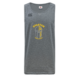 The Spartan Youth Rugby Tempo Vapodri Singlet by WRS Canterbury is a gray, sleeveless athletic shirt made from moisture-wicking recycled polyester, featuring "SPARTAN YOUTH RUGBY" and a Spartan helmet logo on the front.