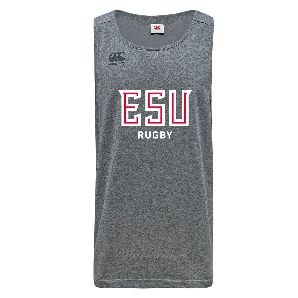 The East Stroudsburg University Tempo Vapodri Singlet by WRS Canterbury is a gray sleeveless workout tank with "ESU Rugby" in white and red on the front, Canterbury logo on the upper left, made from recycled polyester for comfort and durability.