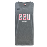 The East Stroudsburg University Tempo Vapodri Singlet by WRS Canterbury is a gray sleeveless workout tank with "ESU Rugby" in white and red on the front, Canterbury logo on the upper left, made from recycled polyester for comfort and durability.