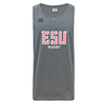 The East Stroudsburg University Tempo Vapodri Singlet by WRS Canterbury is a gray sleeveless workout tank with "ESU Rugby" in white and red on the front, Canterbury logo on the upper left, made from recycled polyester for comfort and durability.