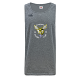 The Hornets Rugby Club 1977 Tempo Vapodri Singlet by WRS Canterbury is a gray tank top crafted from recycled polyester, featuring "Hornets Rugby Club 1977" and a yellow hornet graphic on the front, with the Canterbury logo on the upper left. This VapoDri singlet delivers moisture-wicking performance to keep you cool and comfortable.