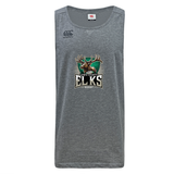 Gray sleeveless athletic tank top made from recycled polyester, featuring the “Lewis County Elks Rugby” logo and antlered elk graphic on the chest; WRS Canterbury Lewis County Elks Tempo Vapodri Singlet by Canterbury, with brand logo on the top left.