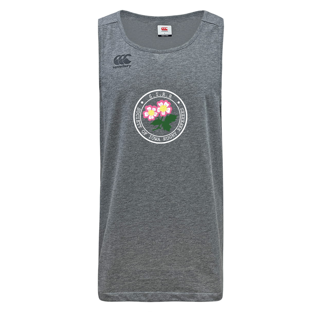 A grey sleeveless athletic tank top, the Society of Iowa Rugby Referees Tempo Vapodri Singlet by WRS Canterbury features a round logo with pink flowers and text at the center chest.