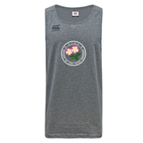 A grey sleeveless athletic tank top, the Society of Iowa Rugby Referees Tempo Vapodri Singlet by WRS Canterbury features a round logo with pink flowers and text at the center chest.