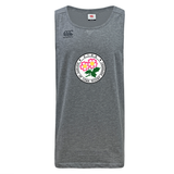 WRS Canterbury Society of Iowa Rugby Referees Tempo Vapodri Singlet: a gray sleeveless athletic top made from recycled polyester, featuring CCC’s Tempo Singlet design with VapoDri technology for superior breathability. The circular logo at the center showcases pink flowers and Japanese text, along with English text reading “Rugby Football Union of Osaka.”.