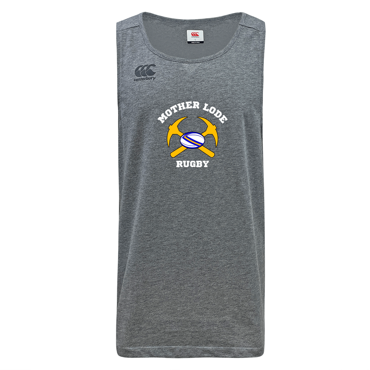 Grey Mother Lode Tempo Vapodri Singlet featuring a graphic of two crossed pickaxes behind a rugby ball and the text “MOTHER LODE RUGBY”.