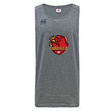 Introducing the Godzilla Rugby Football Club Tempo Vapodri Singlet by WRS Canterbury—a gray sleeveless athletic shirt featuring a bold red and yellow Godzilla-themed logo with text, along with a discreet Canterbury logo on the upper left shoulder. Crafted from recycled polyester using advanced VapoDri technology, this singlet ensures enhanced breathability to keep you cool and comfortable during intense workouts.