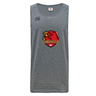 Introducing the Godzilla Rugby Football Club Tempo Vapodri Singlet by WRS Canterbury—a gray sleeveless athletic shirt featuring a bold red and yellow Godzilla-themed logo with text, along with a discreet Canterbury logo on the upper left shoulder. Crafted from recycled polyester using advanced VapoDri technology, this singlet ensures enhanced breathability to keep you cool and comfortable during intense workouts.