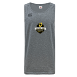 The Chicago Riot Tempo Vapodri Singlet by WRS Canterbury is a gray sleeveless athletic top made with recycled polyester, featuring the “Chicago Riot Rugby Football Club” logos and a Canterbury logo on the upper left shoulder.