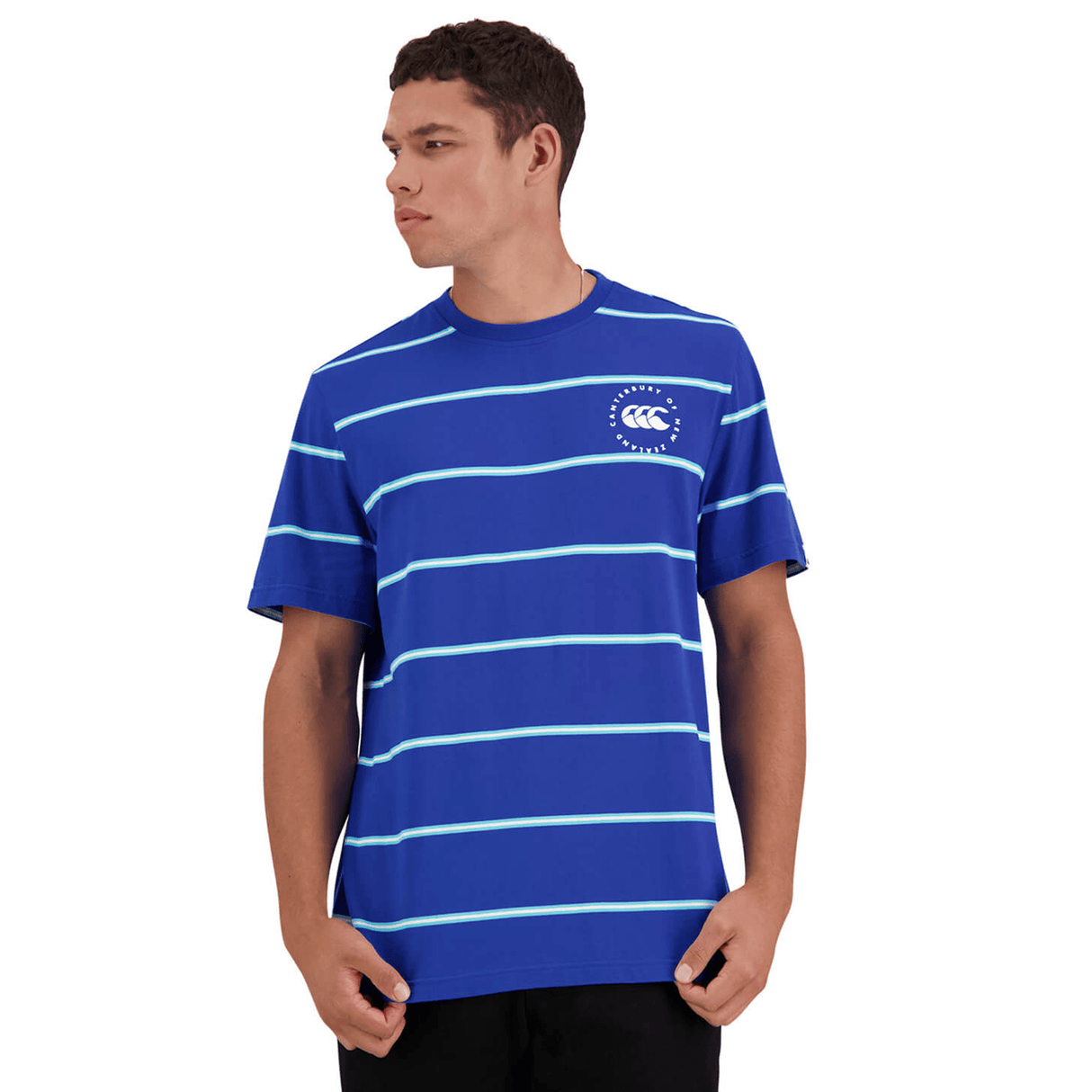 Man wearing a Canterbury Yarn Dye T-Shirt with blue stripes and a Canterbury crest on the upper left side stands against a plain white background.
