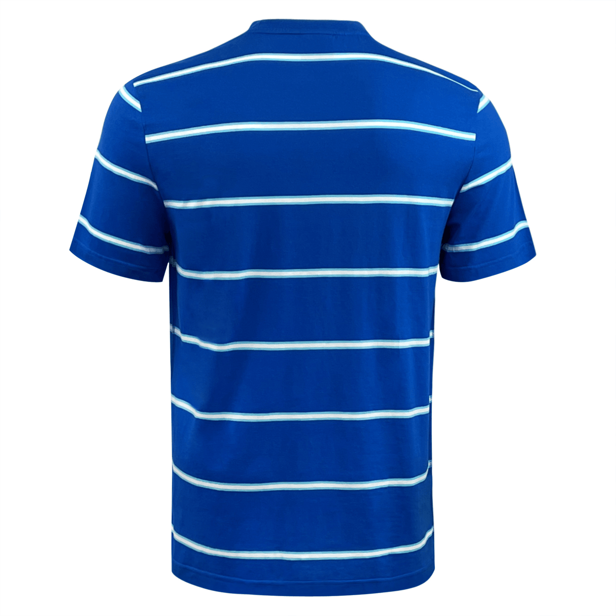 Back view of a blue Canterbury Yarn Dye T-Shirt with horizontal white stripes, made from 100% cotton by Canterbury.