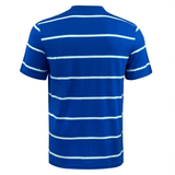 Back view of a blue Canterbury Yarn Dye T-Shirt with horizontal white stripes, made from 100% cotton by Canterbury.