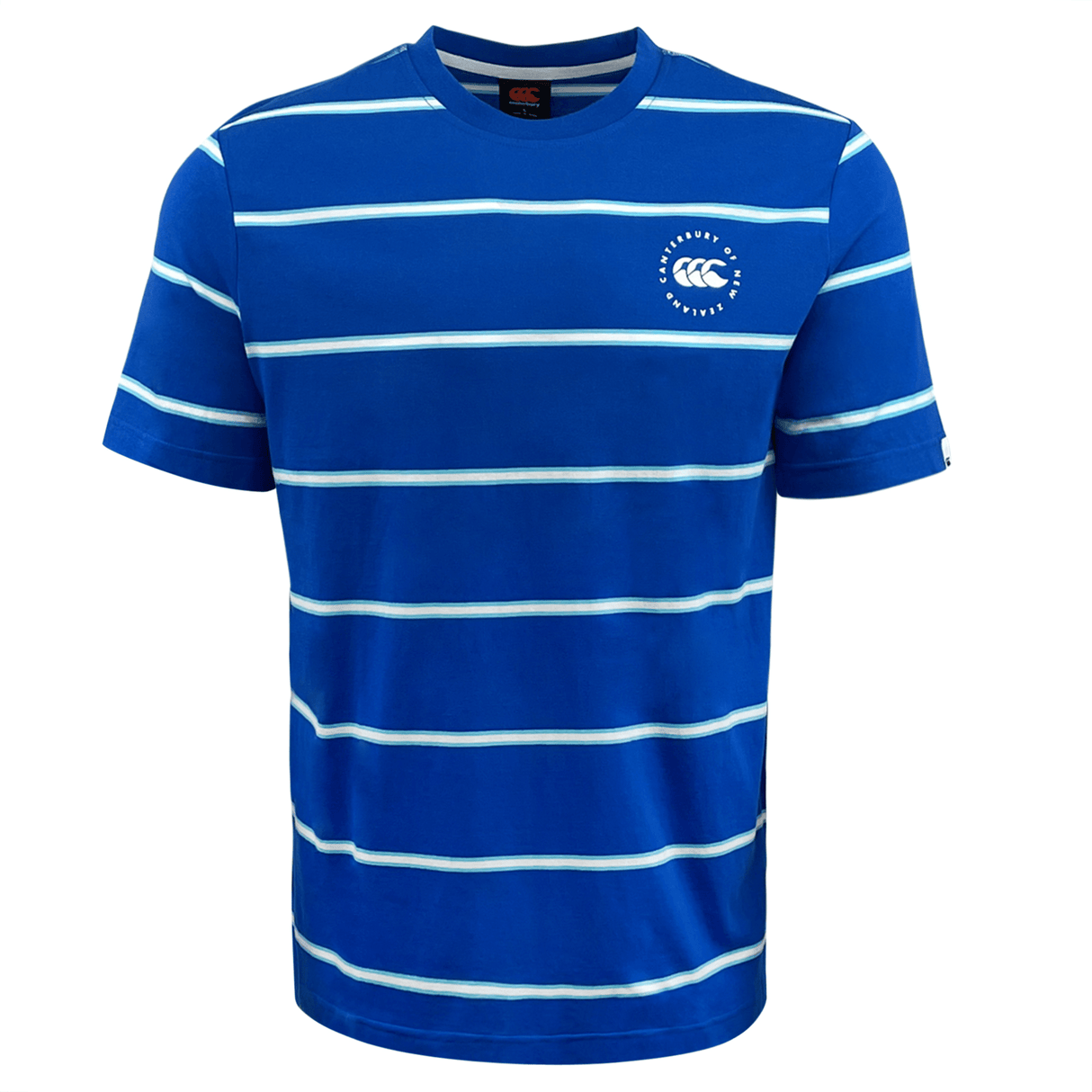 The Canterbury Yarn Dye T-Shirt features blue and white stripes and a Canterbury logo on the left chest. Made from 100% cotton, it ensures ultimate comfort.