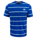 The Canterbury Yarn Dye T-Shirt features blue and white stripes and a Canterbury logo on the left chest. Made from 100% cotton, it ensures ultimate comfort.