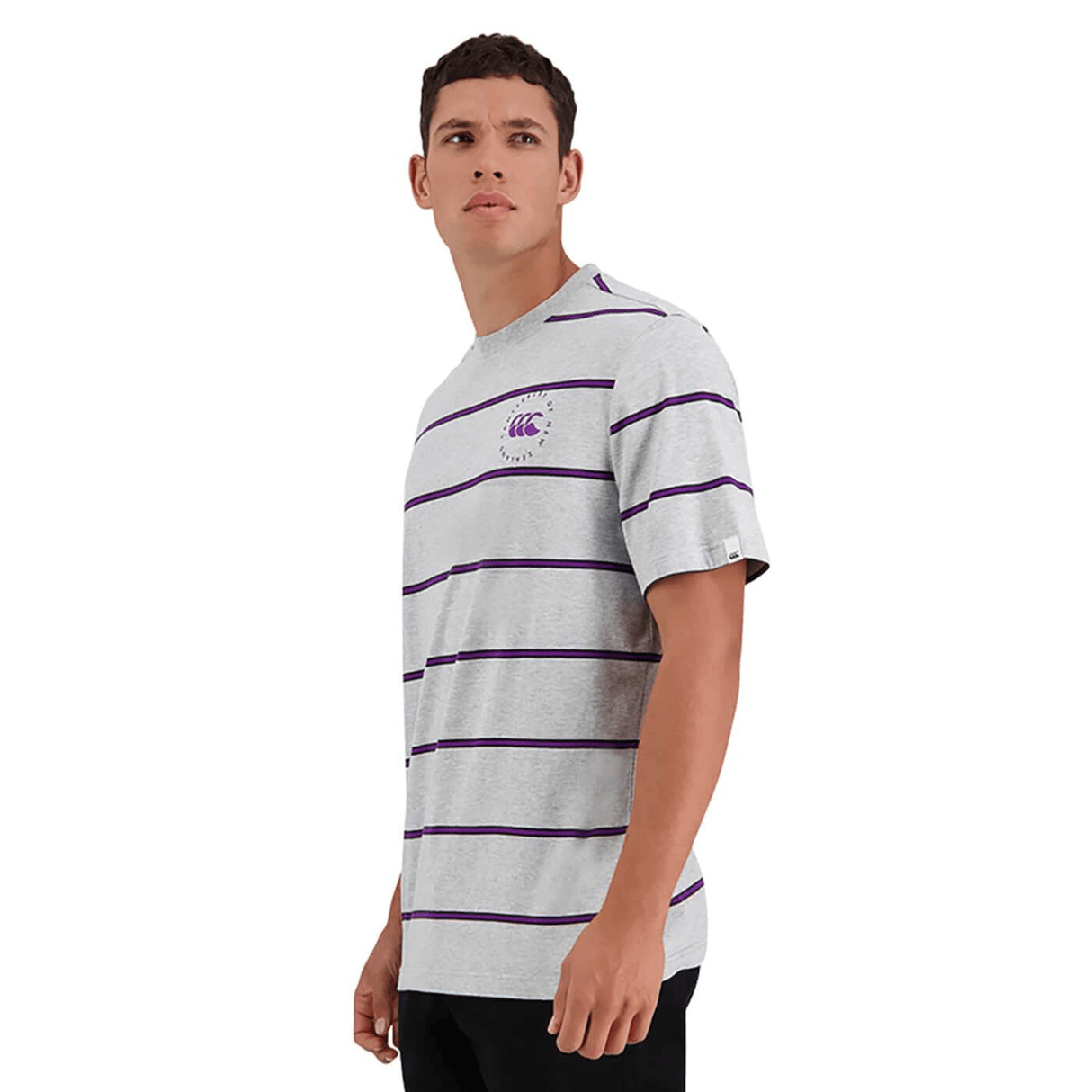 A person stands wearing a grey, short-sleeved Canterbury Yarn Dye T-Shirt with purple horizontal stripes and a small graphic on the left chest, made from 100% cotton by Canterbury.