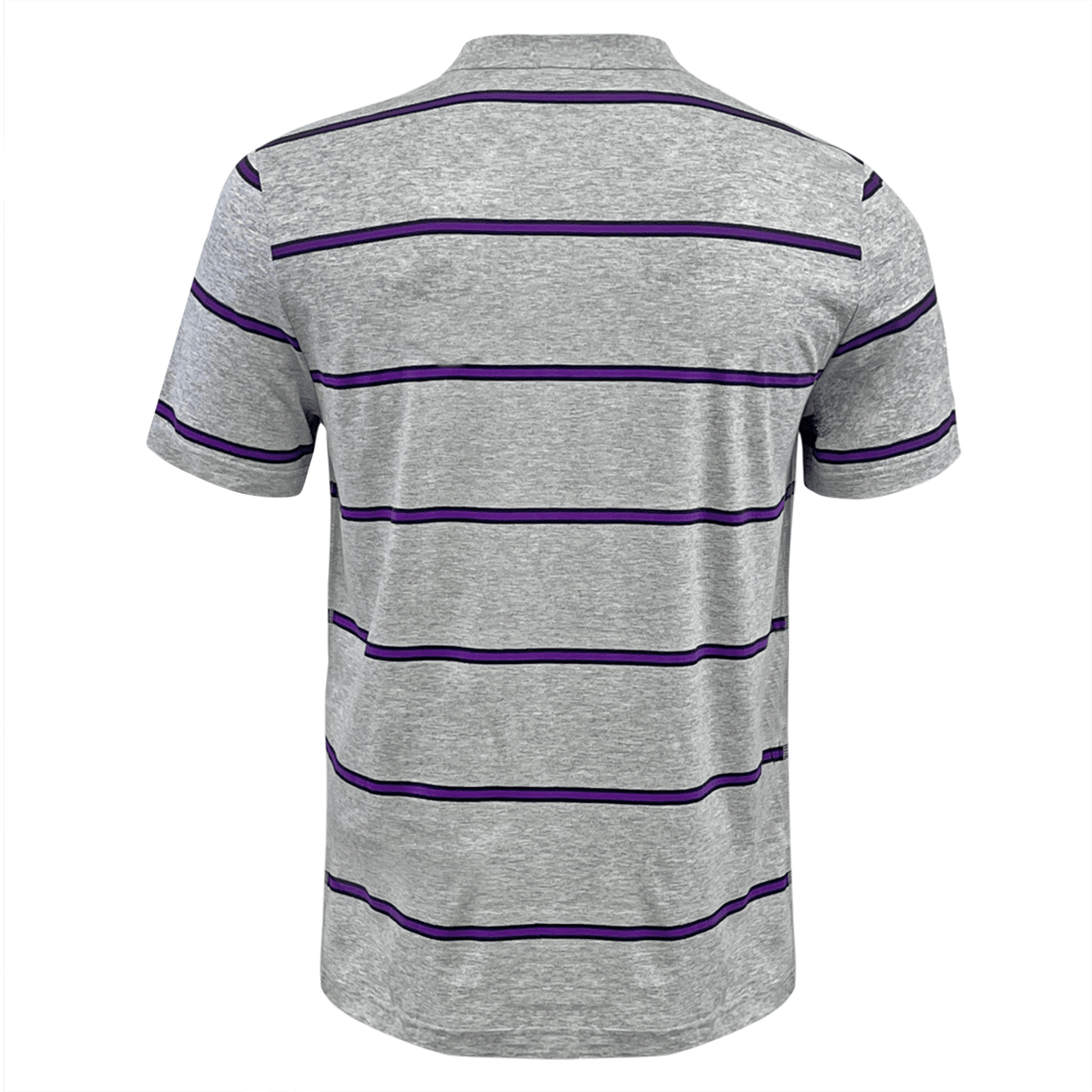 Back view of a Canterbury Yarn Dye T-Shirt, showcasing horizontal purple stripes on gray short sleeves, made from 100% cotton for that classic Canterbury comfort.