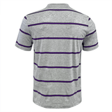 Back view of a Canterbury Yarn Dye T-Shirt, showcasing horizontal purple stripes on gray short sleeves, made from 100% cotton for that classic Canterbury comfort.