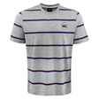The Canterbury Yarn Dye T-Shirt by Canterbury is a short-sleeved gray yarn dye t-shirt featuring horizontal purple stripes and a small logo on the left chest, crafted from 100% cotton for ultimate comfort.