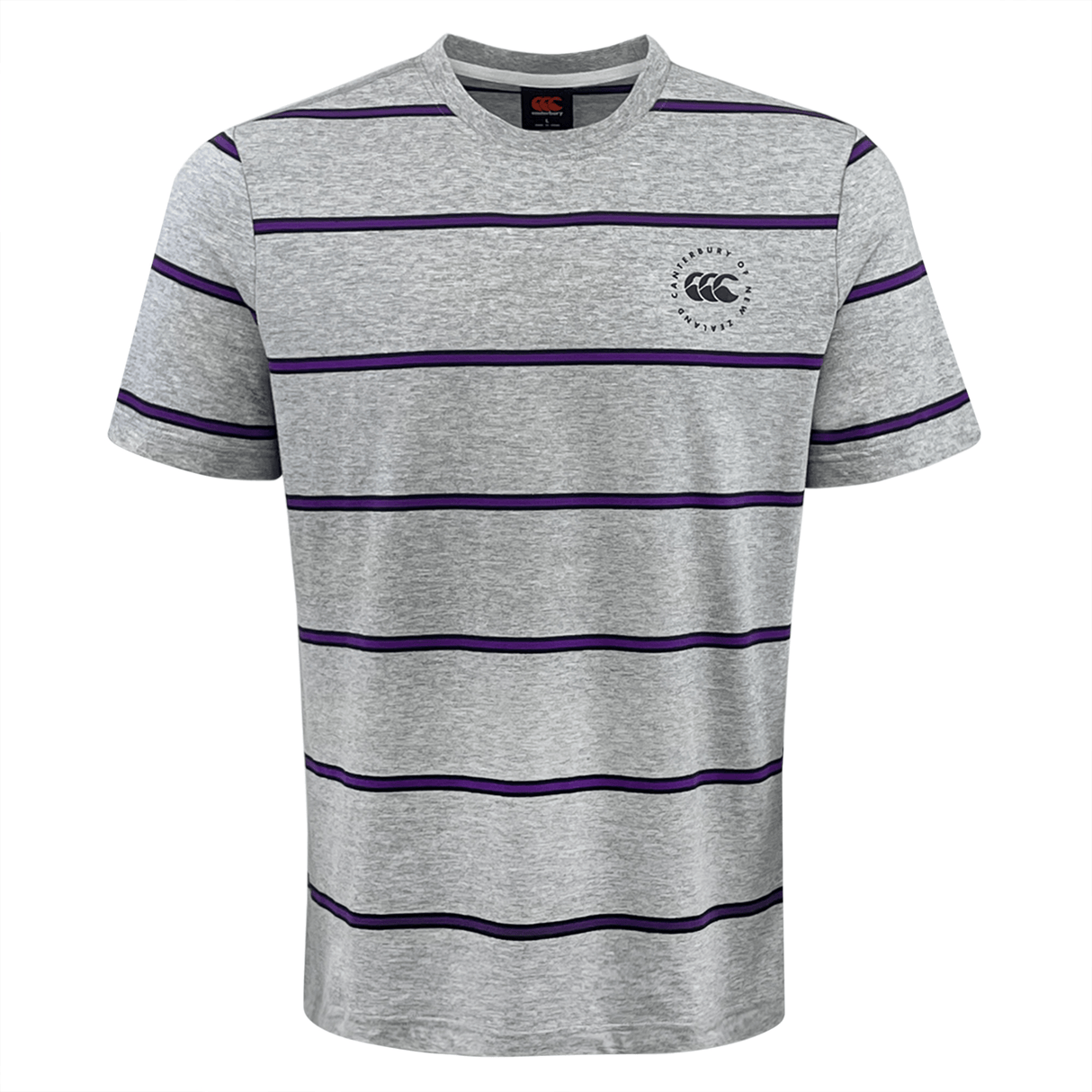 The Canterbury Yarn Dye T-Shirt by Canterbury is a short-sleeved gray yarn dye t-shirt featuring horizontal purple stripes and a small logo on the left chest, crafted from 100% cotton for ultimate comfort.