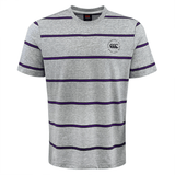 The Canterbury Yarn Dye T-Shirt by Canterbury is a short-sleeved gray yarn dye t-shirt featuring horizontal purple stripes and a small logo on the left chest, crafted from 100% cotton for ultimate comfort.