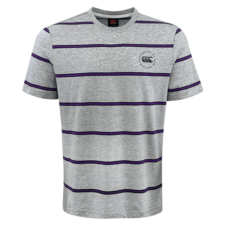 The Canterbury Yarn Dye T-Shirt by Canterbury is a short-sleeved gray yarn dye t-shirt featuring horizontal purple stripes and a small logo on the left chest, crafted from 100% cotton for ultimate comfort.