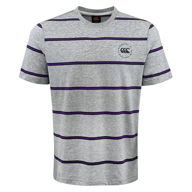 The Canterbury Yarn Dye T-Shirt by Canterbury is a short-sleeved gray yarn dye t-shirt featuring horizontal purple stripes and a small logo on the left chest, crafted from 100% cotton for ultimate comfort.