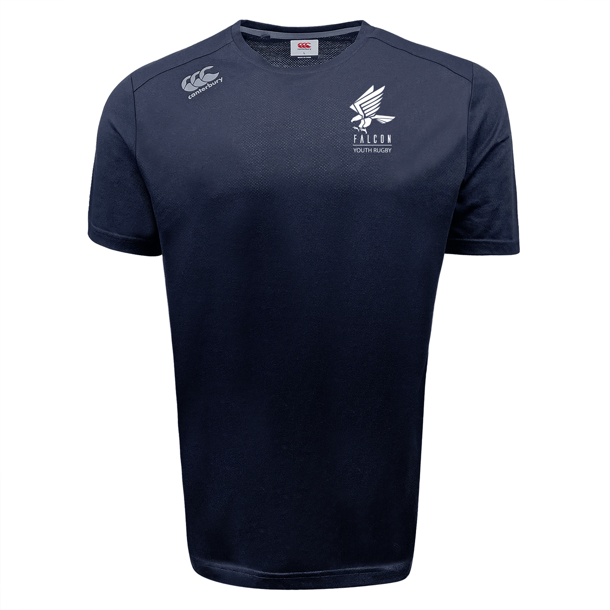 This navy rugby jersey by EMB Canterbury features the "Falcon Youth Rugby" logo and incorporates VapoDri technology for enhanced moisture-wicking.