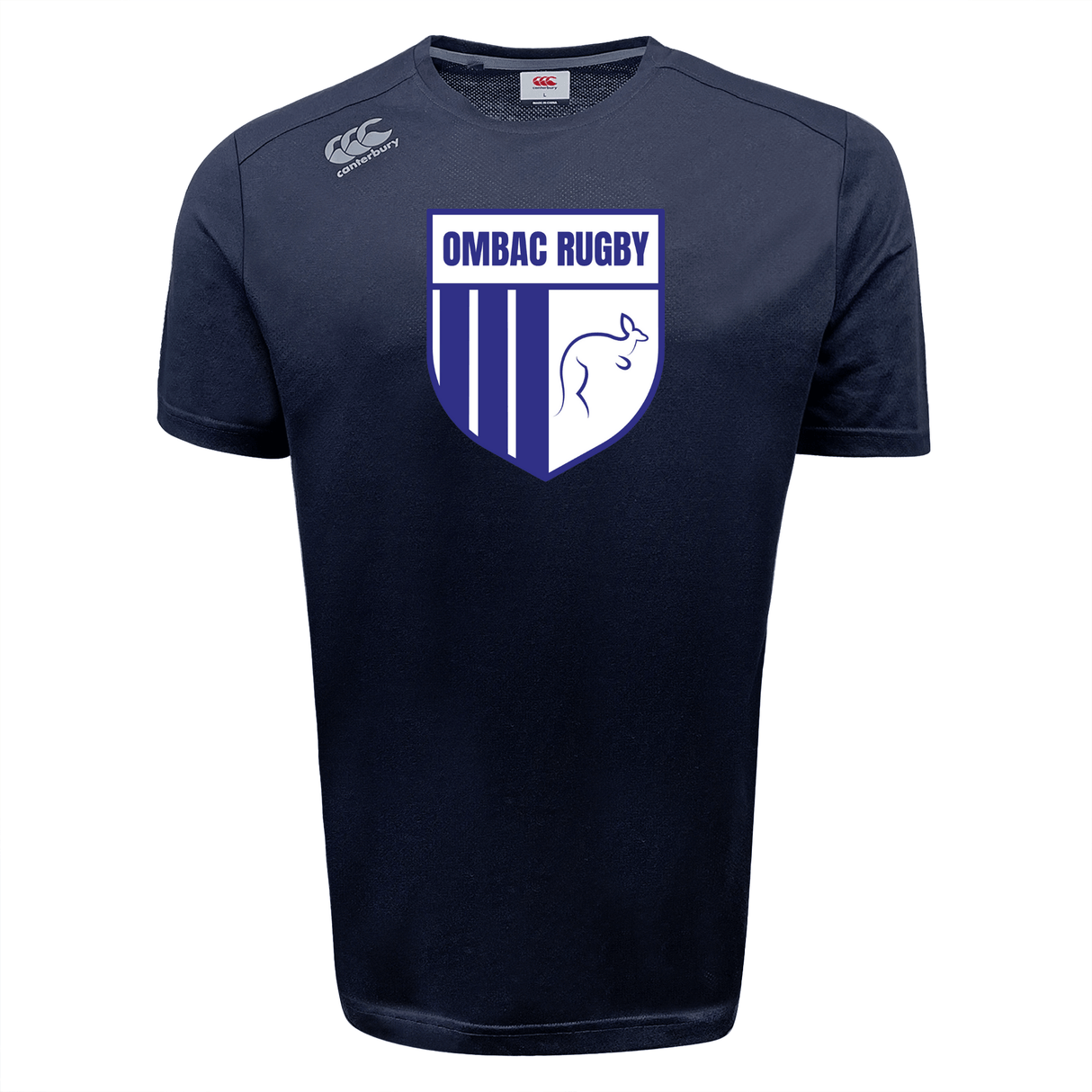 The OMBAC Rugby Tempo Vapodri T-Shirt by Canterbury from WRS Canterbury is a navy blue rugby sports tee with "OMBAC RUGBY" and a lion logo on the front. Featuring VapoDri technology, it ensures moisture-wicking for optimal performance. The Canterbury logo is situated on the right shoulder.