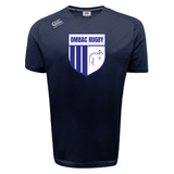 The OMBAC Rugby Tempo Vapodri T-Shirt by Canterbury from WRS Canterbury is a navy blue rugby sports tee with "OMBAC RUGBY" and a lion logo on the front. Featuring VapoDri technology, it ensures moisture-wicking for optimal performance. The Canterbury logo is situated on the right shoulder.