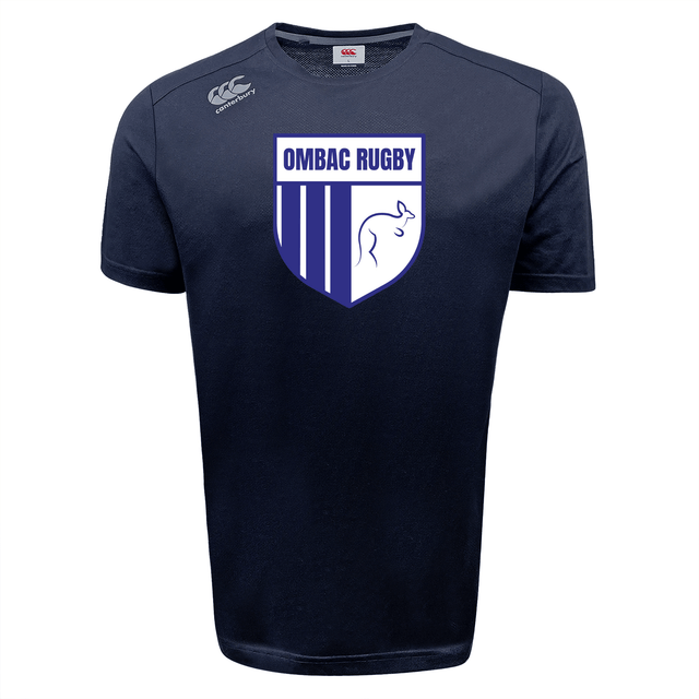 The OMBAC Rugby Tempo Vapodri T-Shirt by Canterbury from WRS Canterbury is a navy blue rugby sports tee with "OMBAC RUGBY" and a lion logo on the front. Featuring VapoDri technology, it ensures moisture-wicking for optimal performance. The Canterbury logo is situated on the right shoulder.