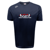 The USA Para Powerlifting Tempo Vapodri T-Shirt by WRS Canterbury features "USA Para Powerlifting" text with a barbell graphic on the front, in navy blue moisture-wicking fabric for comfort.