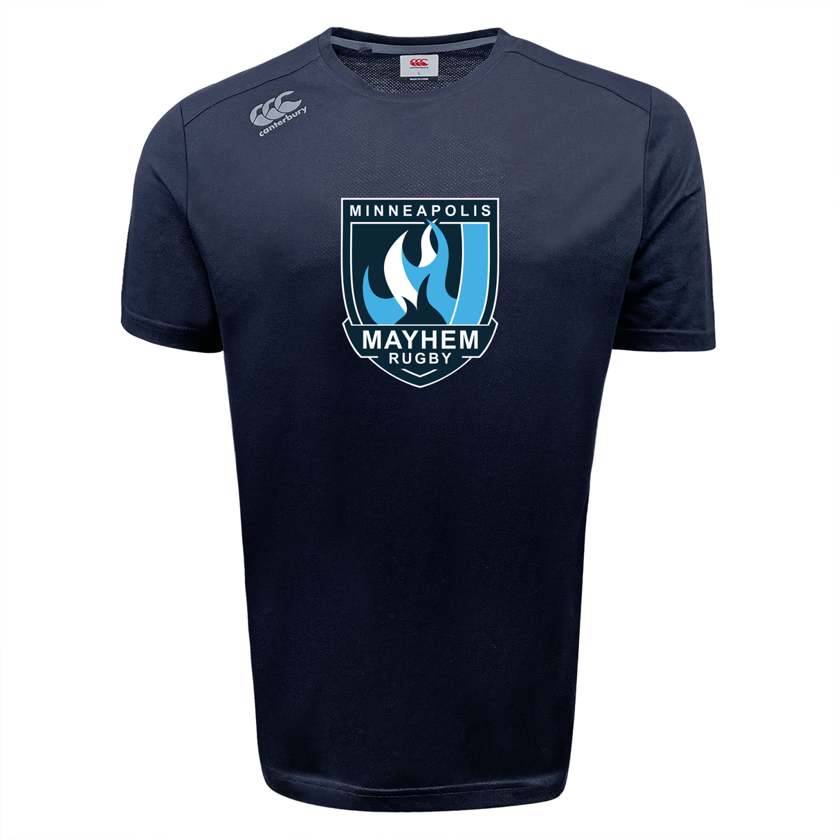 The Minneapolis Mayhem Rugby Tempo Vapodri T-Shirt by Canterbury, from WRS Canterbury, is a navy blue athletic performance tee featuring “MINNEAPOLIS MAYHEM RUGBY” on the front and a distinctive blue flame and shield logo on the chest. Inspired by the Canterbury Vapodri Tee design, this moisture-wicking sports t-shirt is crafted for durability and comfort, keeping you cool and dry both on and off the field.