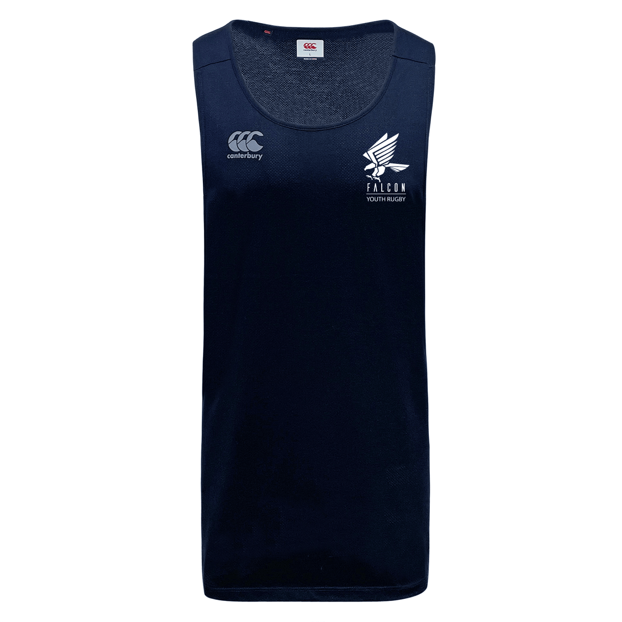 The Falcon Youth Rugby Tempo Vapodri Singlet by EMB Canterbury is a navy blue sleeveless jersey made of recycled polyester. It has moisture-wicking features, a logo on the left chest, and "FALCON YOUTH RUGBY" text to keep athletes cool and comfortable.